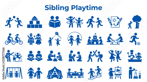 Foto Sibling Playtime Collection Icons Representing Childhood Activities Family Fun a
