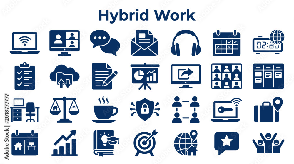 Naklejka premium Hybrid work concept illustration with icons showing remote work collaboration technology and office balance