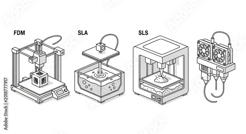 Four 3d printers in line drawing silhouette high quality professional detailed