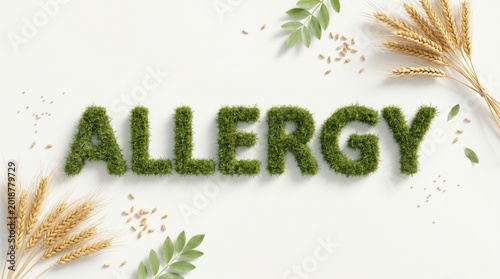 Word allergy made from green grass with wheat ears and leaves on light background, representing seasonal pollen allergy, natural healthcare, environmental sensitivity and spring wellness concept