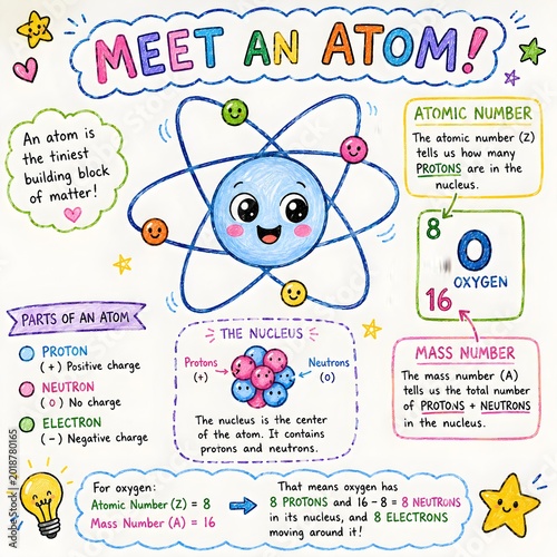 Smiling Atom Character with Educational Labels in Doodle Style
