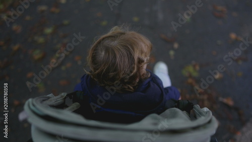 Bild auf Leinwand Toddler sitting in stroller during outdoor walk observing surroundings with calm