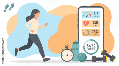 Woman running and tracking fitness progress with a smartphone app