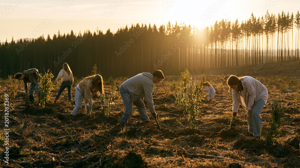 Fototapeta premium Volunteers Planting Trees for Reforestation: Community Efforts in Sustainable Ecology and Environmental Conservation
