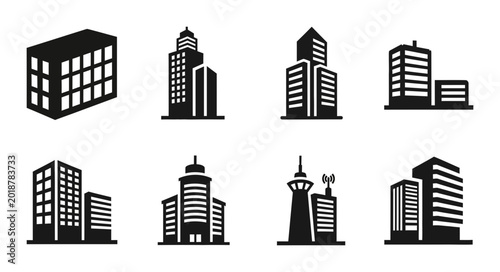 Modern Cityscape Building Icons, Urban Architecture Silhouettes, Commercial Property Vector Graphics Set