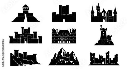 Photos Medieval Castle Silhouettes, Royal Fortress Icons, Historic Architecture Vector