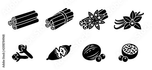Spice Icons Collection: Cinnamon, Star Anise, Vanilla, Cloves, Cardamom, Nutmeg, Peppercorns Vector Set for Culinary and Aromatic Designs