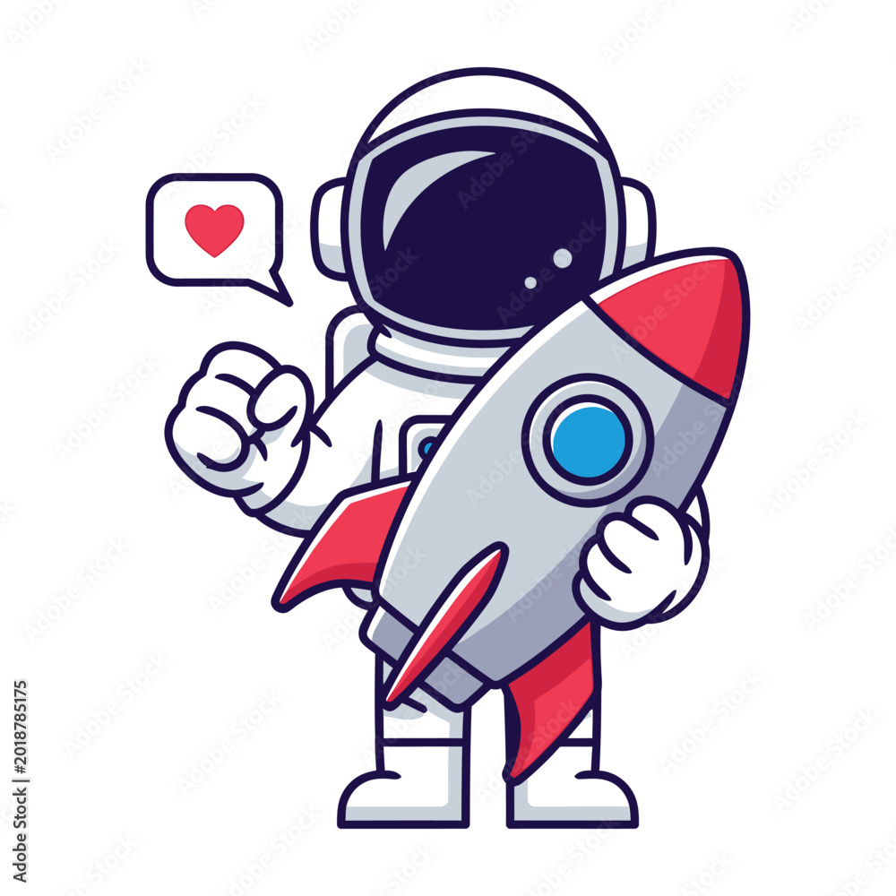 Obraz premium Cute Astronaut Holding A Rocket Ship Mascot Character With A Love Heart Speech Bubble Icon