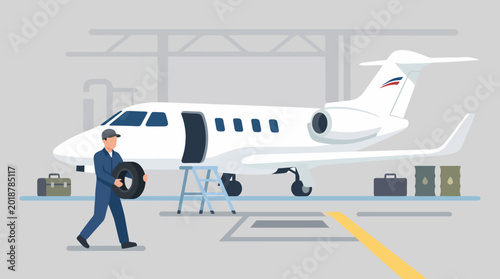 Aircraft mechanic performing maintenance on a private business jet.