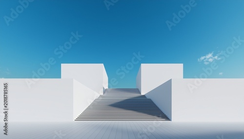 modern minimalist architecture design white building with stairs and blue sky background concept ideas 3d render