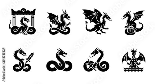 Mythical Dragon Icons Set, Fantasy Creature Vector Graphics, Ancient Serpent Symbols, Legendary Beast Illustrations for Game Design and Folklore Projects