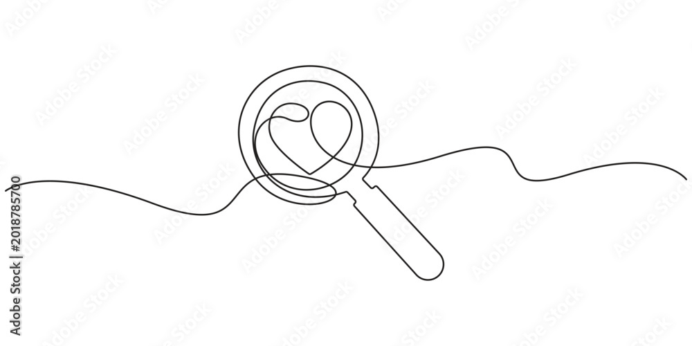 Obraz premium Magnifying glass with heart continuous line drawing for love search concepts. Minimalist one line art of a magnifying glass finding a heart for dating or health apps.