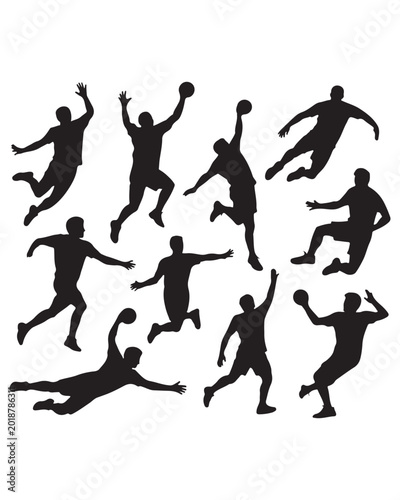 Black silhouettes of handball players in action