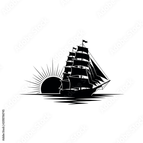 Tableau sur toile Silhouette of a majestic tall ship sailing at sunrise.