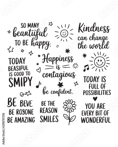 Handwritten inspirational quotes and positive doodles