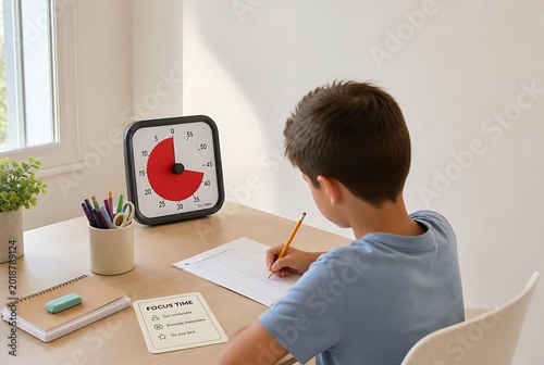 Child studying with visual timer for focused time management routine