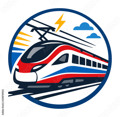 High-speed electric train concept with a lightning bolt symbol. Illustrating fast travel, public transit, and power