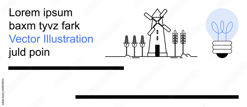 Naklejka premium Clean energy, sustainability, nature, innovation, eco-friendly practices, technology. Windmill with wheat and light bulb. Clean energy and sustainability concepts