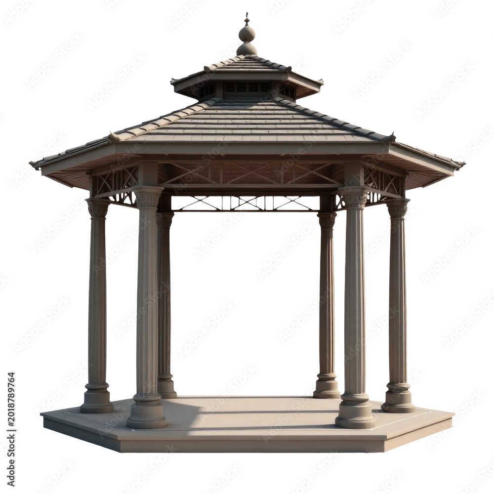 Naklejka premium A gazebo with stone columns and a curved roof