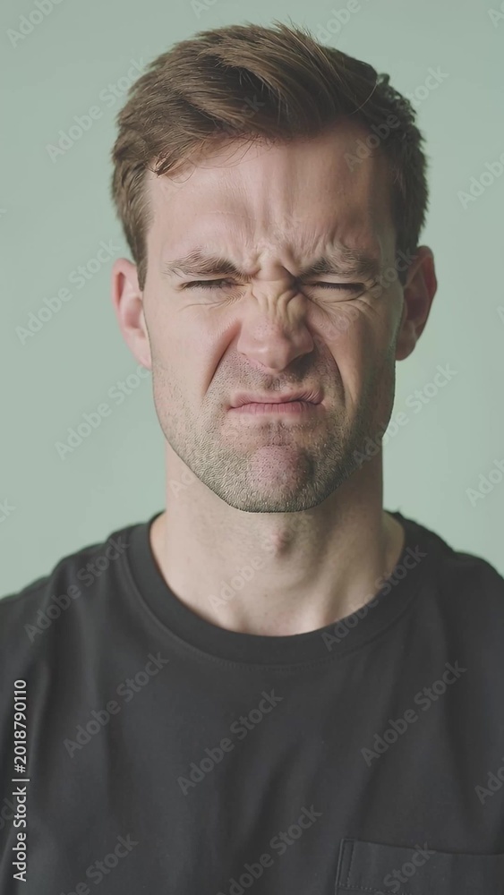 Fototapeta premium A man is experiencing a toothache, he presses his right hand against his cheek and grimaces in discomfort, vertical