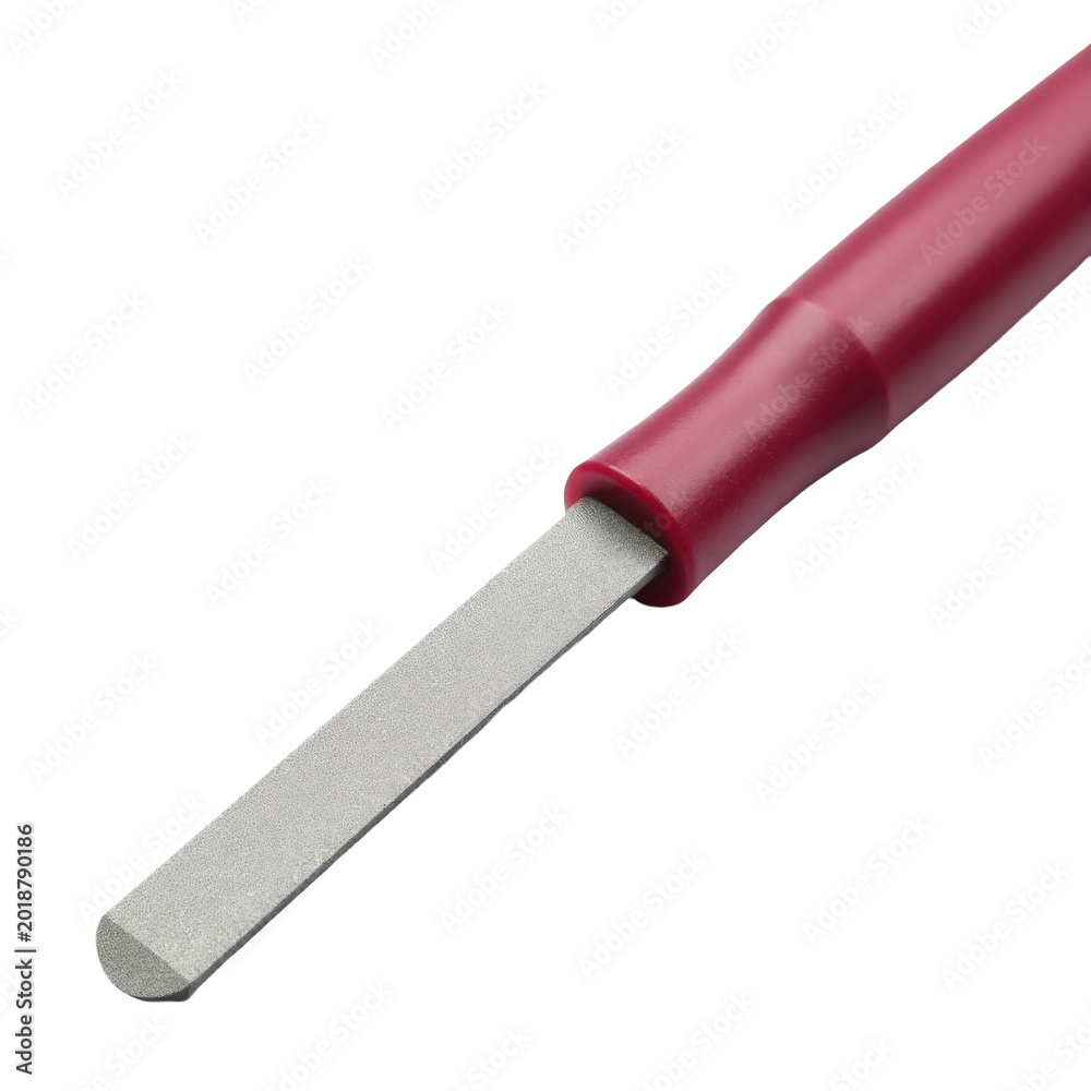 Fototapeta premium A sharp knife with a bright red handle placed on a clean white surface