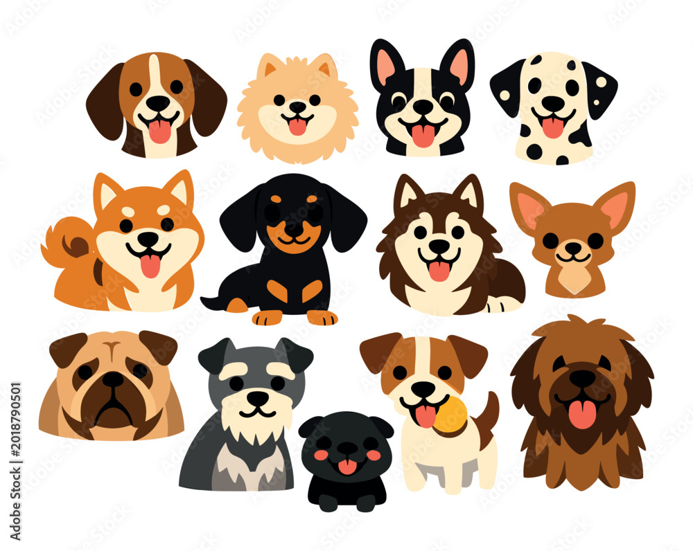Fototapeta premium Variety of joyful dog breeds, ranging from cute puppies to mature canines, perfect for pet and animal-themed projects