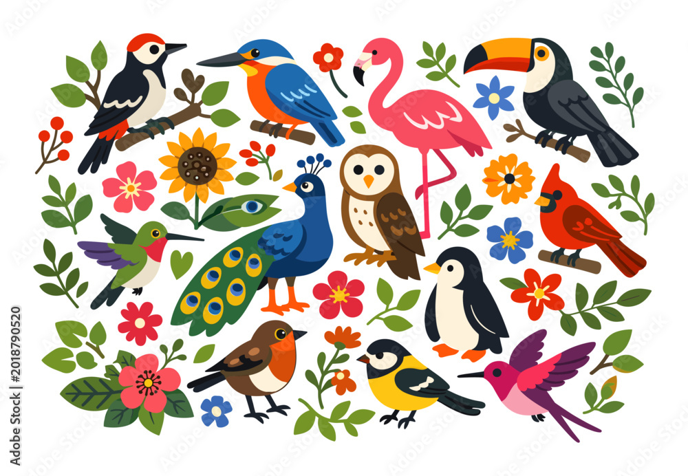 Fototapeta premium Colorful cartoon birds like flamingos, owls, peacocks, toucans, and hummingbirds among bright flowers and foliage