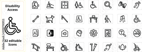 Disability access icons set 32 editable symbols for inclusive design