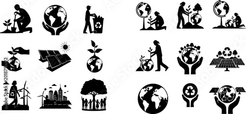 Schilderij op canvas Environmental Conservation and Sustainability Icons Set Representing Earth Protection