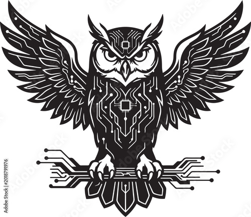 Cybernetic owl vector illustration with circuit board patterns, mechanical bird of prey with digital wings, tech owl mascot for artificial intelligence