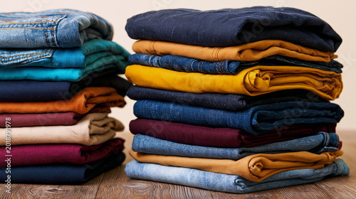 Neatly Stacked Folded Trousers in Earthy Hues with Soft Fabrics, Conjuring a Sense of Organized Chaos and Fashion Flair