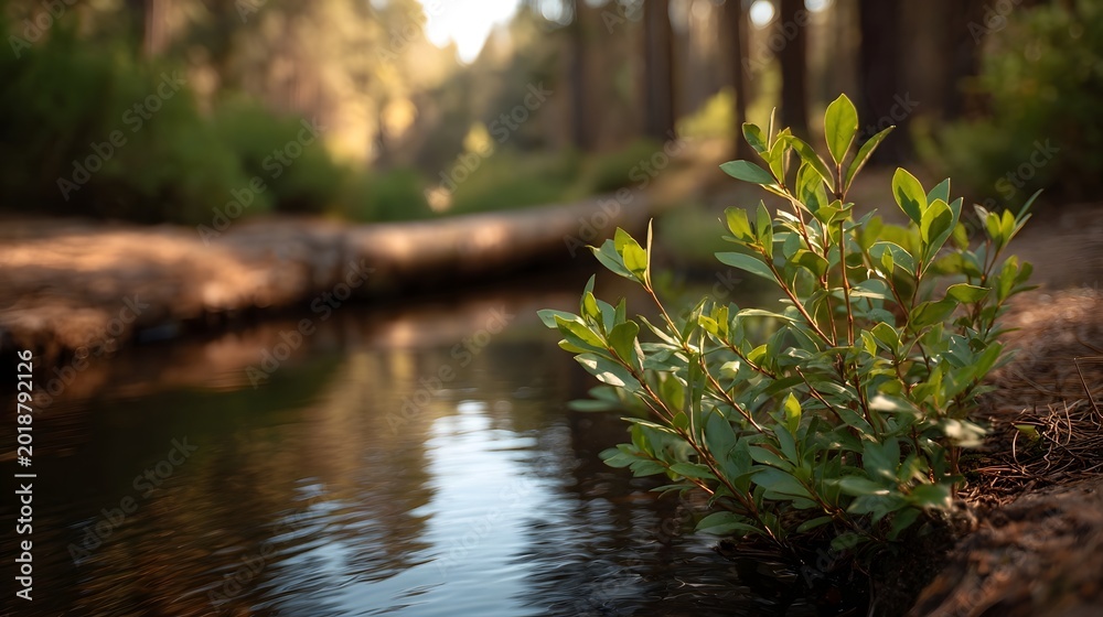 Fototapeta premium Fresh green saplings thrive by a quiet reflective stream under soft golden forest sunlight