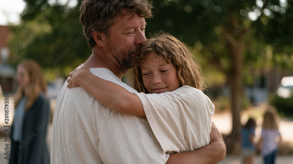 Obraz premium Biological father reuniting with his foster daughter in park setting, social worker standing at respectful distance, child tentatively accepting embrace, summer trees behind them, afternoon light fi