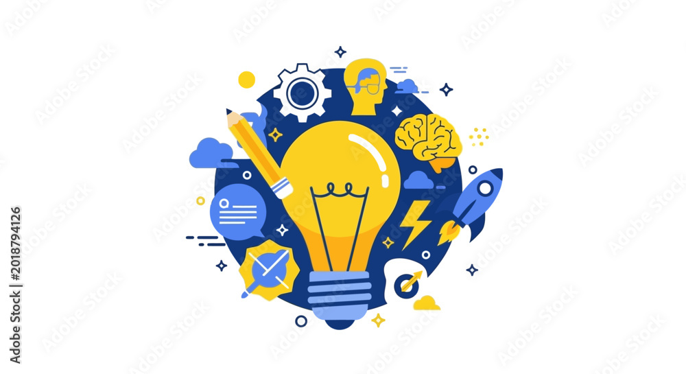 Obraz premium Innovation and Creative Idea Concept Flat Vector Illustration with Light Bulb, Rocket, Brain, and Gear Icons