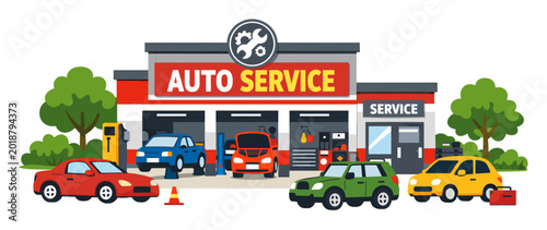 Auto service station showing cars coming in for repair and inspection, with an automotive workshop providing maintenance for vehicles