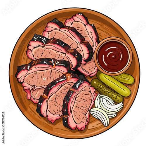 Barbecue brisket, Delicious sliced smoked meat with barbecue sauce, cucumbers and onions on a wooden plate