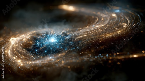 Spiral Galaxy with Golden Swirling Cosmic Arms, Luminous Blue Core, Cosmic Dust and Stellar Particles - Deep Dark Celestial Astronomical Scene for Digital Background, Wallpaper and Creative Design