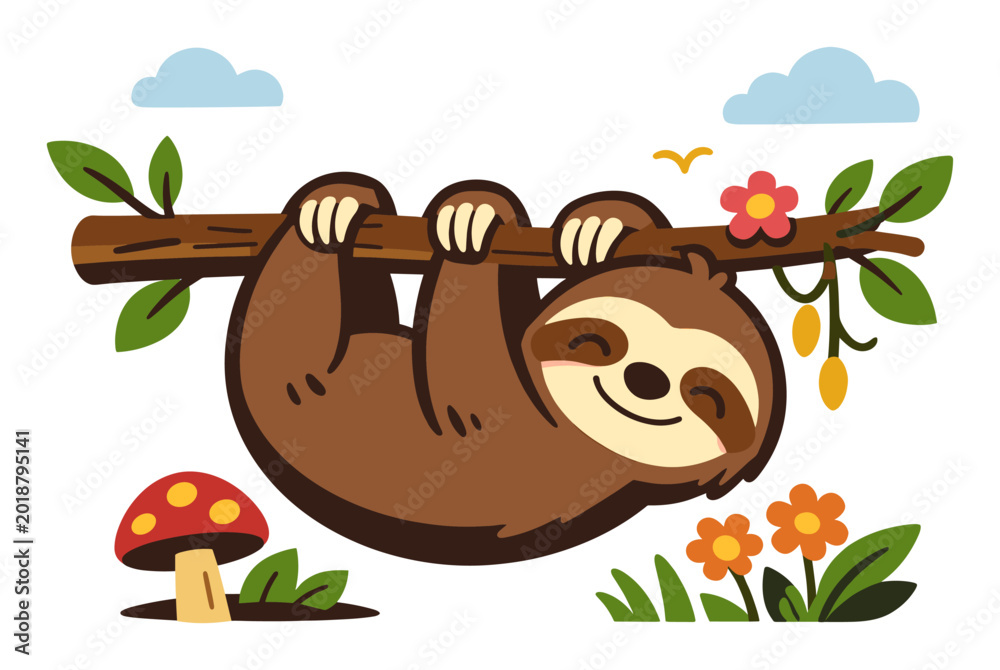 Fototapeta premium Cute brown sloth hanging upside down from a tree branch, enjoying the tranquil nature surroundings with a relaxed smile