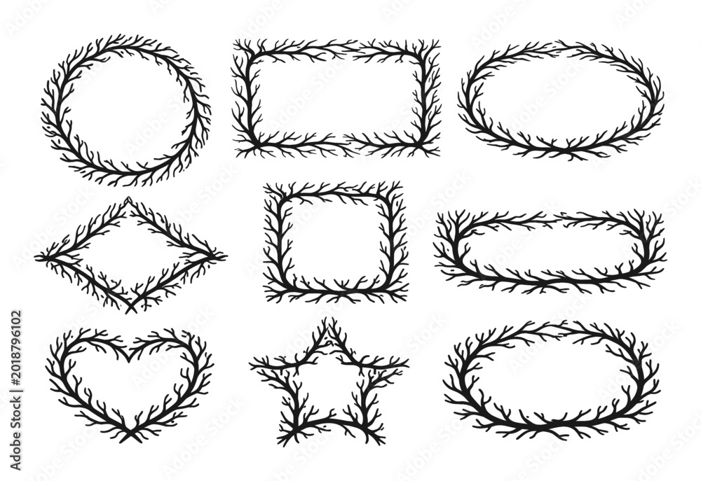 Fototapeta premium Set of dark branch frames and borders in different shapes, perfect for nature, rustic, and decorative design elements
