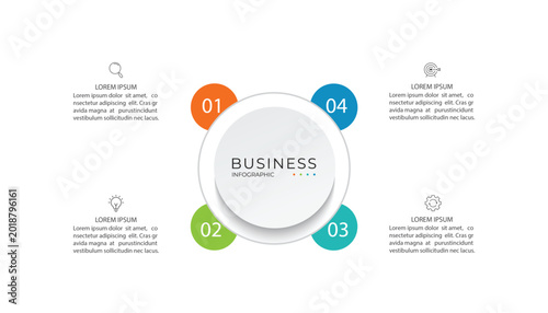 Modern infographic template. Creative circle element design with marketing icons. Business concept with 4 options, steps, sections.