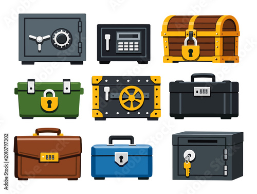 Various secure storage containers including strongboxes, treasure chests, and safes offering safety and privacy for assets