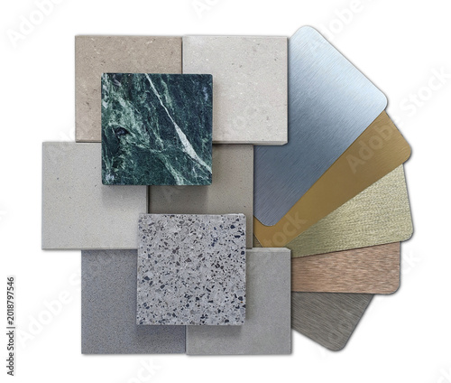 Luxury Interior Design Material Palette Selection including Marble Stone Tiles and Brushed Metal Swatches, Architectural Moodboard with Granite Terrazzo and Metallic Finishes for Home Renovation.