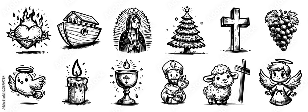 Obraz premium Christian Religious Icons Set with Cross Angel Lamb Noah's Ark and Virgin Mary Cute Cartoon Style Vector