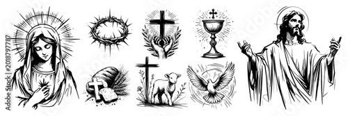 Bild auf Leinwand Hand Drawn Religious Symbols and Figures Set with Jesus Christ Virgin Mary Cross