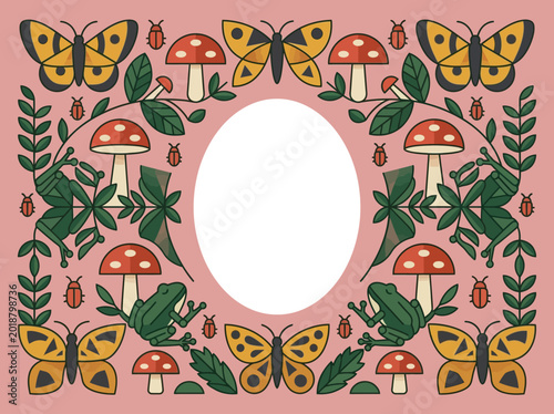 Quadro su tela Whimsical Nature Frame with Frogs, Mushrooms, Butterflies, and Beetles - Cottage