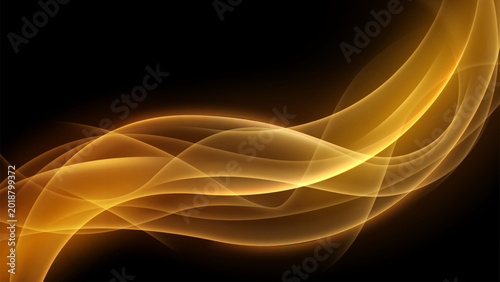 Abstract Golden Glowing Waves on Black Background, Vector Illustration