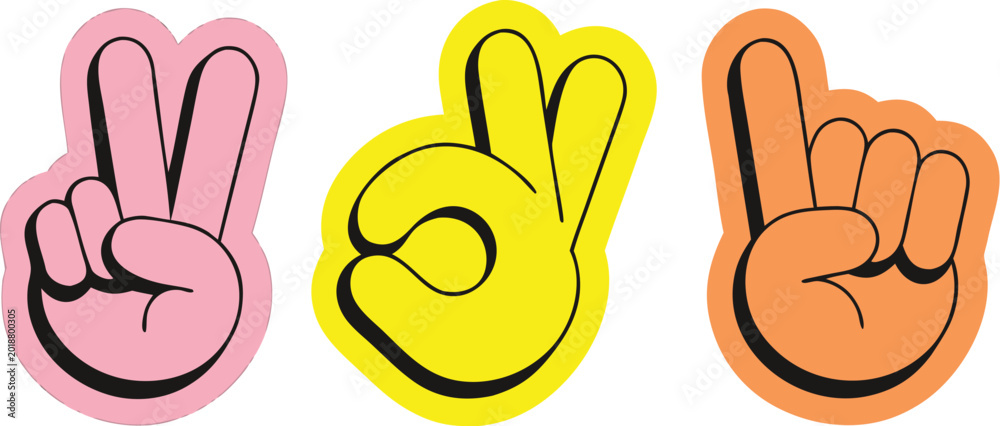 Fototapeta premium Vector illustration in hand drawn doodle style, mascot and character hands and gestures, a clean flat vector sticker illustration featuring three different hand gesture icons arranged horizontally 