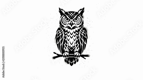 Stenciled Owl Silhouette Perched on Branch Dark Artistic Design