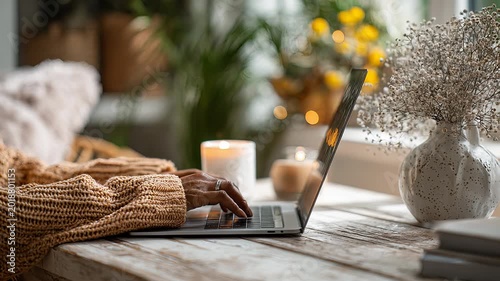 Close up of hands typing on laptop keyboard, browsing and searching online, warm indoor light, remote work concept