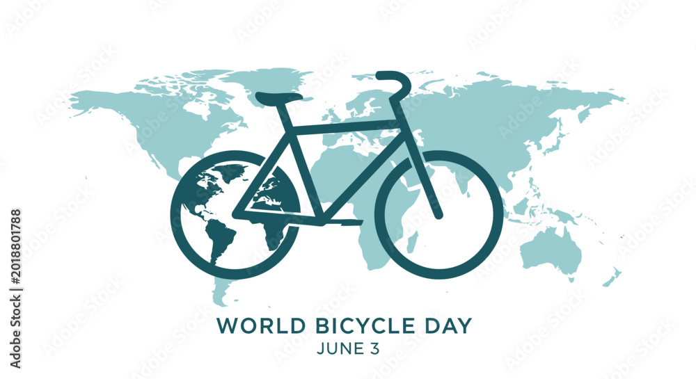 Fototapeta premium Minimalist graphic design featuring a bicycle silhouette placed over a global world map for celebration day
